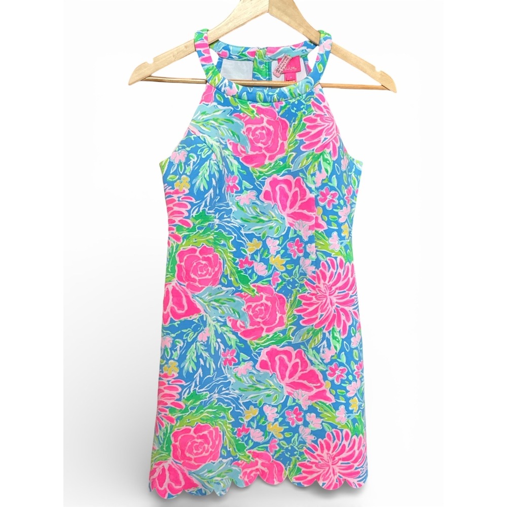 Lilly Pulitzer Girls Scalloped Hem Shift Dress Blue Pink Floral Size 14‎